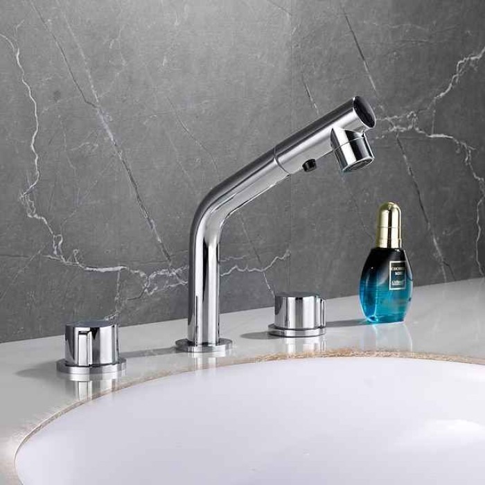 Widespread Bathroom Sink Mixer Faucet Pull Out 2 Mode Spout Sprayer, 360° Rotatable Washroom Basin Tap Brass Deck Mounted, with Hot and Cold Water Vessel Tap