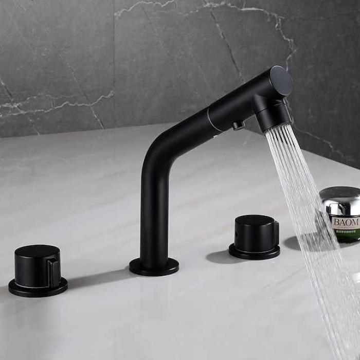 Widespread Bathroom Sink Mixer Faucet Pull Out 2 Mode Spout Sprayer, 360° Rotatable Washroom Basin Tap Brass Deck Mounted, with Hot and Cold Water Vessel Tap