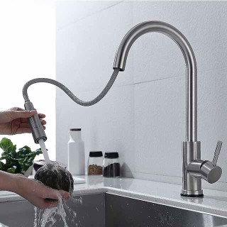 Touchless Sensor Kitchen Sink Faucet Stainless Steel with Pull Out Sprayer, Touch On Single Handle Kitchen Vessel Tap with Pull Down 2 Modes Spray Fingerprint Resistant Brushed Deck Mounted