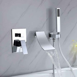 Waterfall Tub Faucet with Handheld Shower Chrome High Flow Waterfall Wall Mounted Bathtub Faucet Waterfall Spout Tub Filler Solid Brass with Black Finished