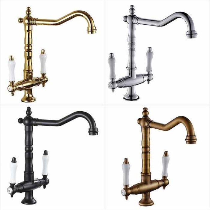 Traditional Kitchen Sink Mixer Faucet, Retro Style Vessel Kitchen Taps Dual Handles One Hole Rotatable Chrome/Brass/Brushed Standard Spout