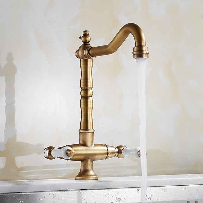 Traditional Kitchen Sink Mixer Faucet, Retro Style Vessel Kitchen Taps Dual Handles One Hole Rotatable Chrome/Brass/Brushed Standard Spout