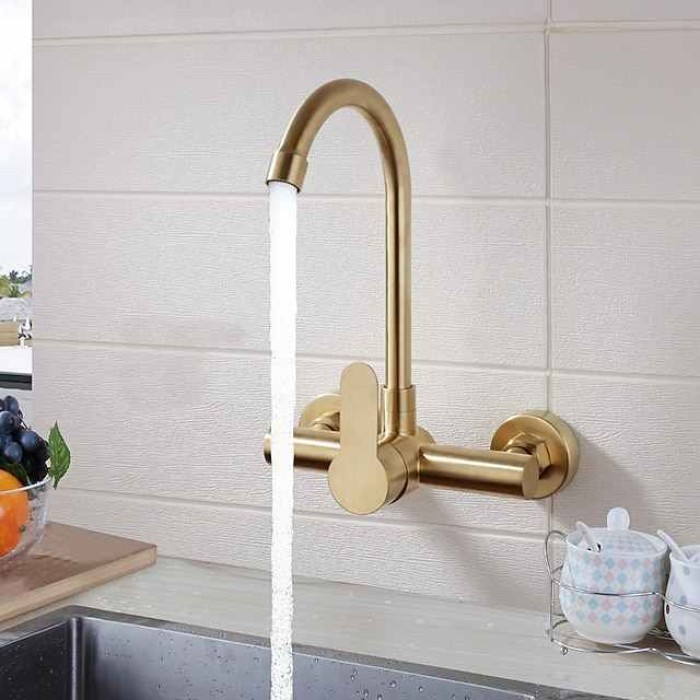 Kitchen faucet - Single Handle Two Holes Brushed Gold Tall /High Arc Wall Mounted Contemporary Kitchen Taps