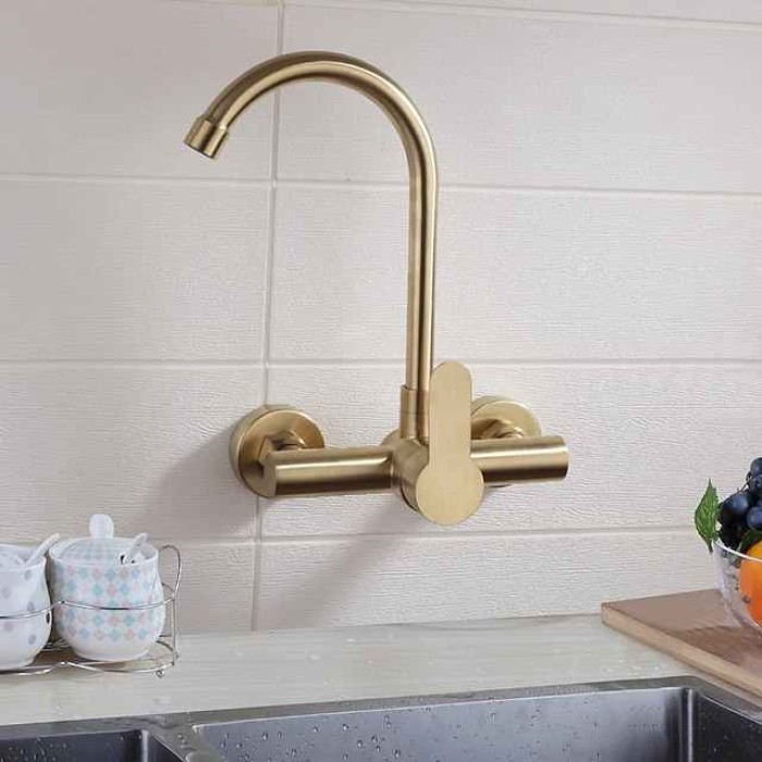 Kitchen faucet - Single Handle Two Holes Brushed Gold Tall /High Arc Wall Mounted Contemporary Kitchen Taps