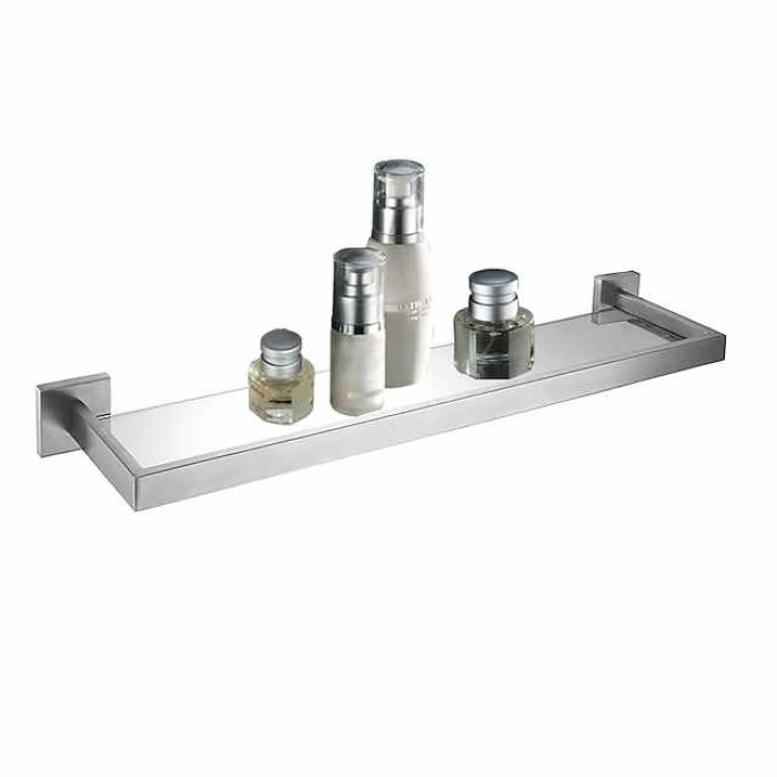 Bathroom Shelves Bathroom Tempered Glass Shelf, Sainless Steel Shower Wall Shelves No Drilling Towel Racks Rectangular 1 Tier Wall Mounted Mirror Front Shelf