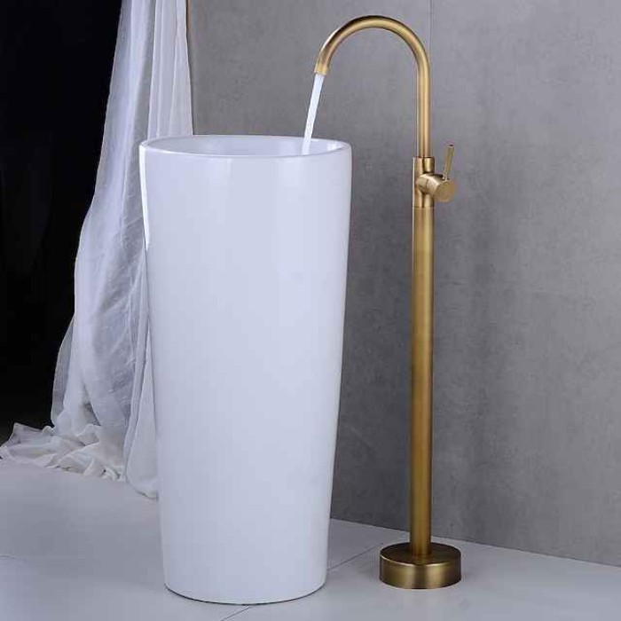 Floor Mount Standing Bathtub Faucet, 360° Swivel Freestanding Tub Filler Mixer Tap Brass Spout High Flow Shower Faucets