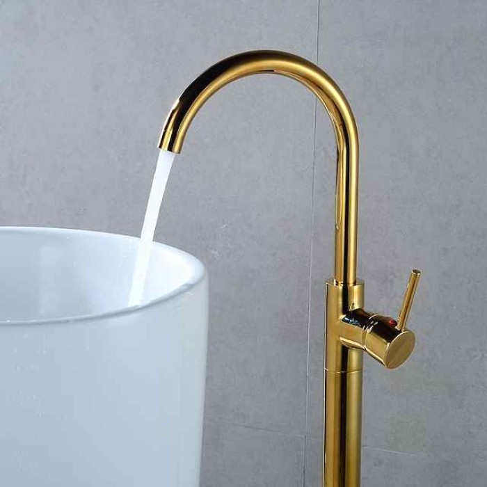 Floor Mount Standing Bathtub Faucet, 360° Swivel Freestanding Tub Filler Mixer Tap Brass Spout High Flow Shower Faucets