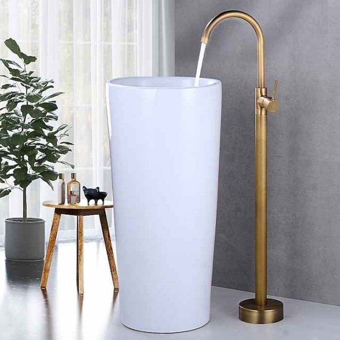 Floor Mount Standing Bathtub Faucet, 360° Swivel Freestanding Tub Filler Mixer Tap Brass Spout High Flow Shower Faucets