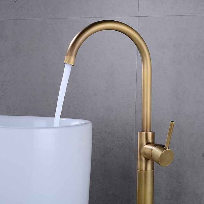 Floor Mount Standing Bathtub Faucet, 360° Swivel Freestanding Tub Filler Mixer Tap Brass Spout High Flow Shower Faucets