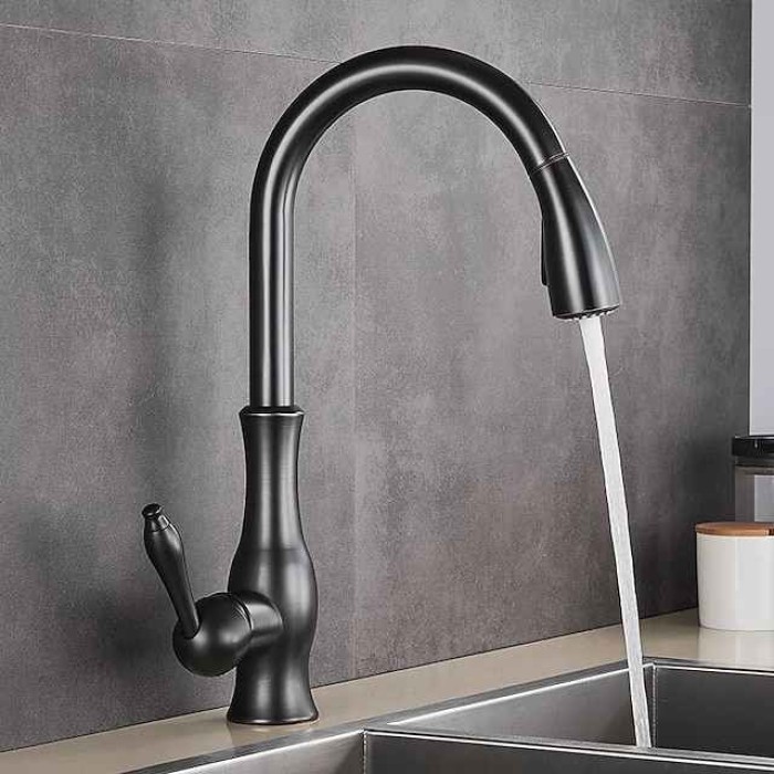 Kitchen Faucet with Pull-out Spray,Brass 2-modes Single Handle One Hole Modern Style Kitchen Taps with Hot and Cold Switch