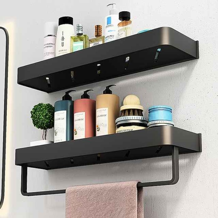 Bathroom Shelves Wall Mounted Black Storage Organizer Rack Bathroom Kitchen Bathroom Hardware Pendant Bathroom Shelf Space Aluminum Shower Rack Corner Shelf Square Bath Shower Shelf