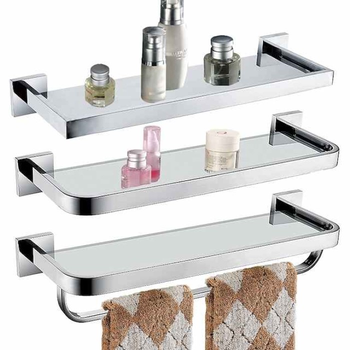 8mm Tempered Glass Toilet Shelf Bathroom Cosmetics Toiletries Storage Layer Shelf Thickened 304 Stainless Steel Mirror Bright Light Color, Various Specifications Are Available