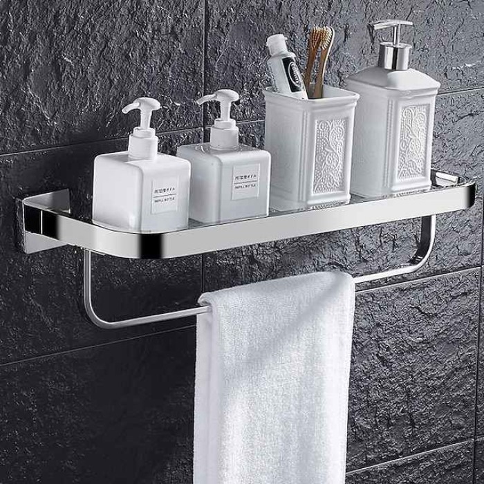 Modern Bath Multifunctional Storage Rack With Towel Bar Stainless Steel Thickened Towel Rack Bathroom Tempered Glass Cosmetics Bathroom Supplies Storage Rack