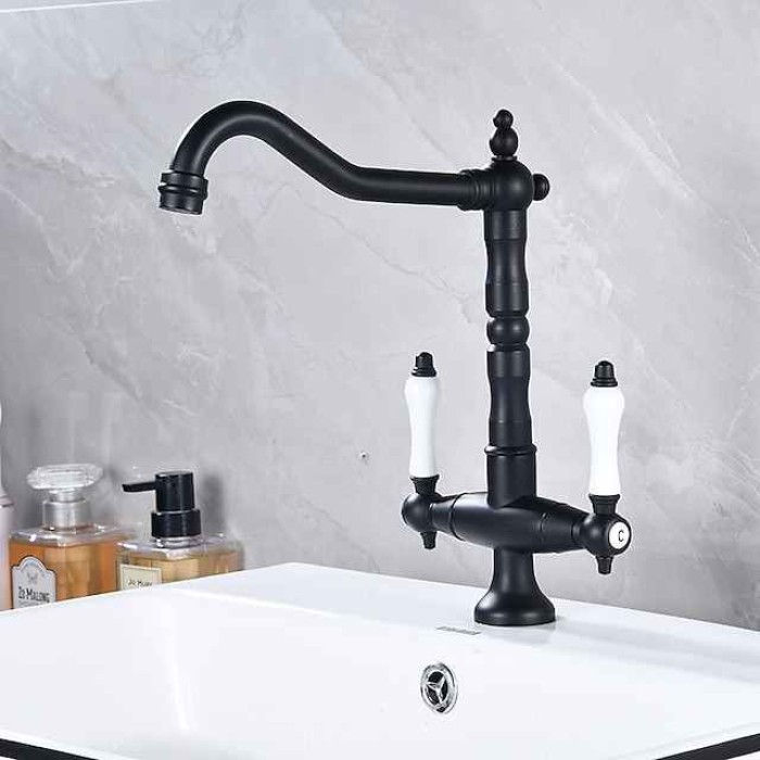 Kitchen Faucet,Two Handles One Hole Antique Brass / Electroplated / Painted Finishes Standard Spout Centerset Antique Kitchen Taps