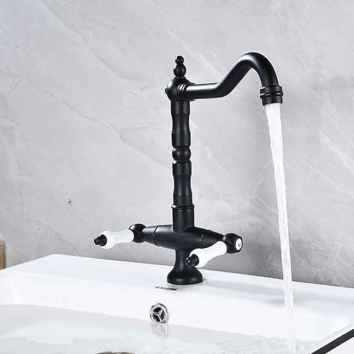 Kitchen Faucet,Two Handles One Hole Antique Brass / Electroplated / Painted Finishes Standard Spout Centerset Antique Kitchen Taps