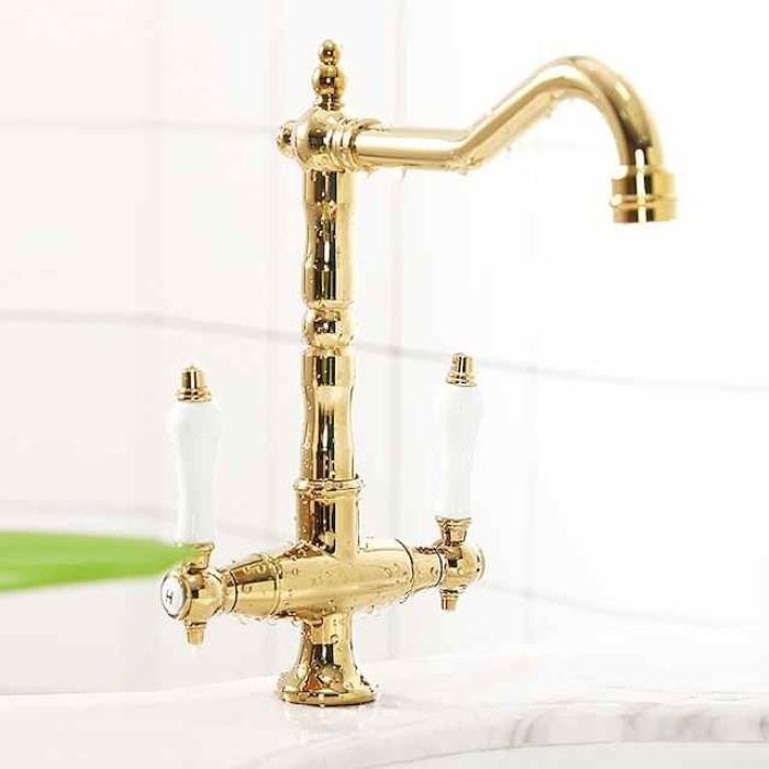 Kitchen Faucet,Two Handles One Hole Antique Brass / Electroplated / Painted Finishes Standard Spout Centerset Antique Kitchen Taps