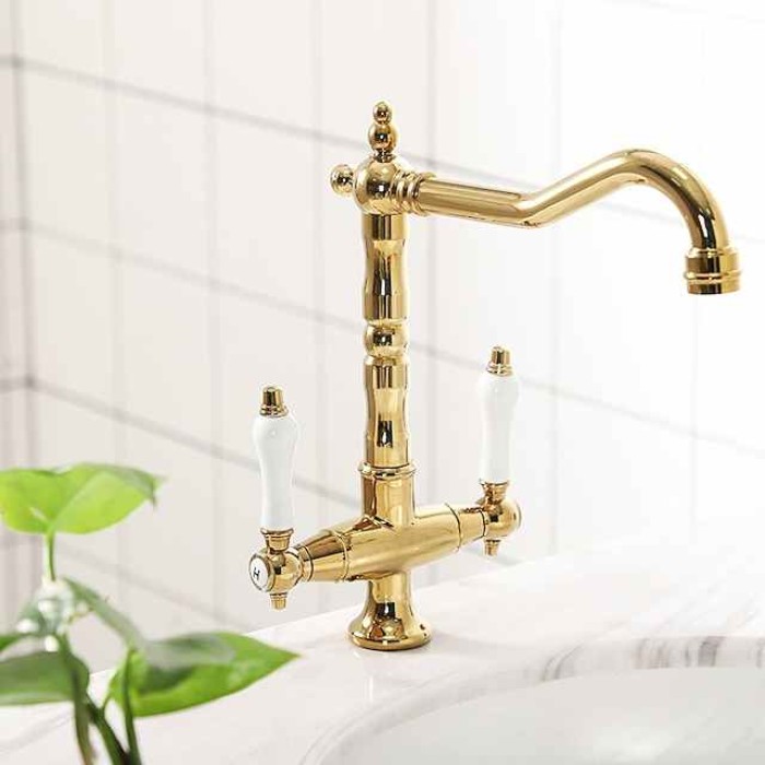 Kitchen Faucet,Two Handles One Hole Antique Brass / Electroplated / Painted Finishes Standard Spout Centerset Antique Kitchen Taps