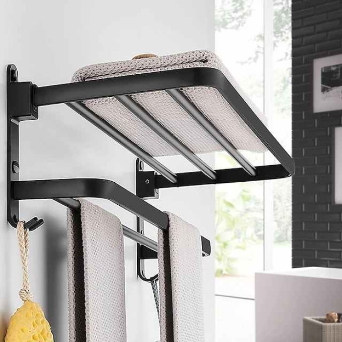 Towel Rack Punch-Free Shower Holder Bathroom Accessories Folding Wall Organizer Hook Hanger Matte Black Aluminum Storage Shelf