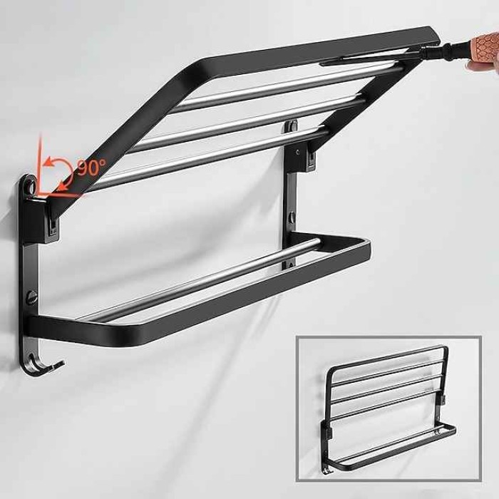 Towel Rack Punch-Free Shower Holder Bathroom Accessories Folding Wall Organizer Hook Hanger Matte Black Aluminum Storage Shelf