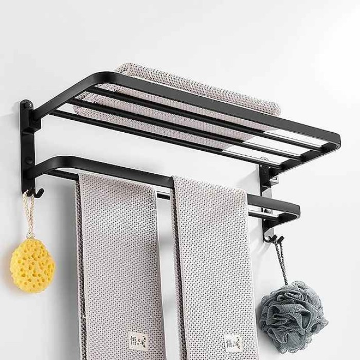 Towel Rack Punch-Free Shower Holder Bathroom Accessories Folding Wall Organizer Hook Hanger Matte Black Aluminum Storage Shelf