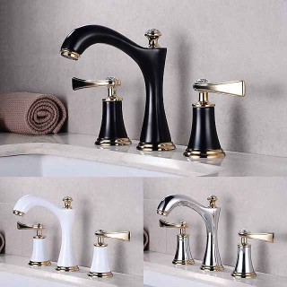 Luxury Widespread Bathroom Sink Mixer Faucet Vintage, 360 Swivel Retro Style Brass 3 Hole 2 Handle Basin Tap Deck Mounted, Washroom Basin Vessel Water Tap with Hot and Cold Hose