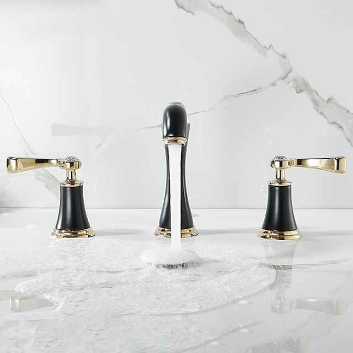 Luxury Widespread Bathroom Sink Mixer Faucet Vintage, 360 Swivel Retro Style Brass 3 Hole 2 Handle Basin Tap Deck Mounted, Washroom Basin Vessel Water Tap with Hot and Cold Hose