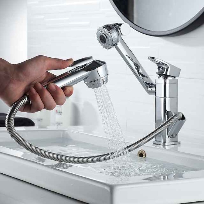 Bathroom Sink Faucet - Rotatable / Pull out Painted Finishes Centerset Single Handle Two HolesBath Taps