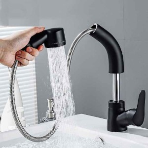 Matte Black Bathroom Basin Faucet Pull Out Spout Rotatable Liftable Body Deck Mounted Hot and Cold Water Mixer Tap