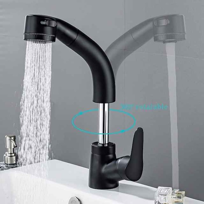 Matte Black Bathroom Basin Faucet Pull Out Spout Rotatable Liftable Body Deck Mounted Hot and Cold Water Mixer Tap