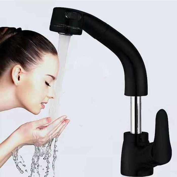 Matte Black Bathroom Basin Faucet Pull Out Spout Rotatable Liftable Body Deck Mounted Hot and Cold Water Mixer Tap