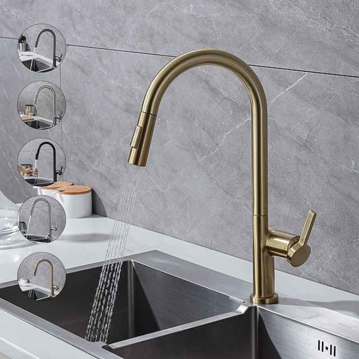 Kitchen Faucet with Pull-out Spray,Single Handle One Hole Brass High Arc 2-modes 360°Rotatable Modern Contemporary Kitchen Taps