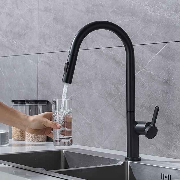 Kitchen Faucet with Pull-out Spray,Single Handle One Hole Brass High Arc 2-modes 360°Rotatable Modern Contemporary Kitchen Taps