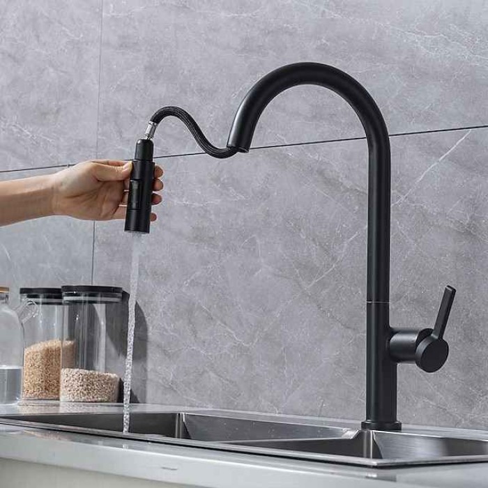 Kitchen Faucet with Pull-out Spray,Single Handle One Hole Brass High Arc 2-modes 360°Rotatable Modern Contemporary Kitchen Taps