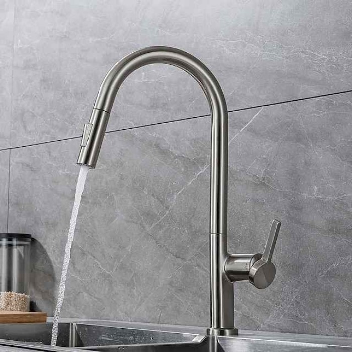 Kitchen Faucet with Pull-out Spray,Single Handle One Hole Brass High Arc 2-modes 360°Rotatable Modern Contemporary Kitchen Taps