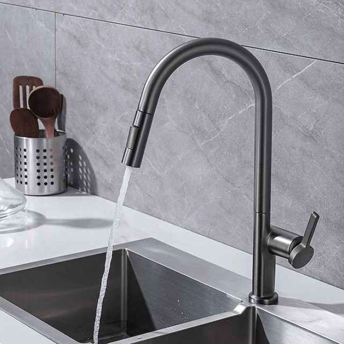 Kitchen Faucet with Pull-out Spray,Single Handle One Hole Brass High Arc 2-modes 360°Rotatable Modern Contemporary Kitchen Taps