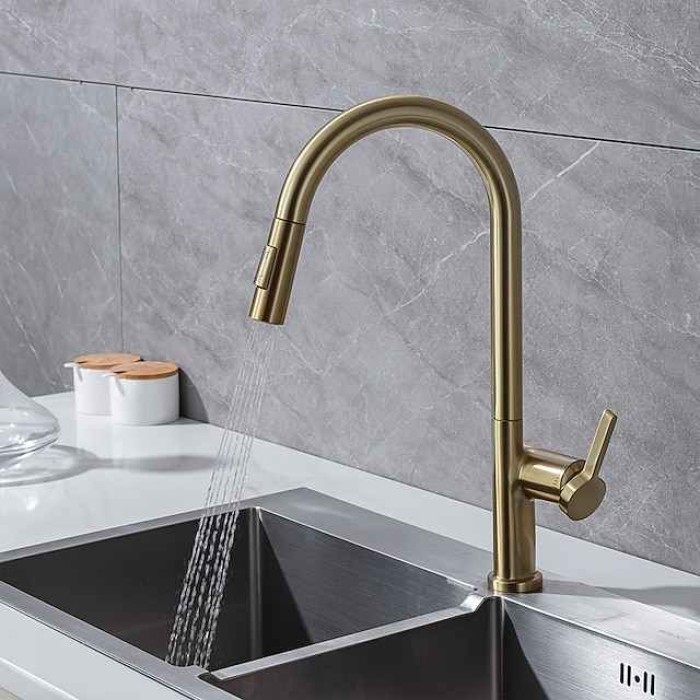 Kitchen Faucet with Pull-out Spray,Single Handle One Hole Brass High Arc 2-modes 360°Rotatable Modern Contemporary Kitchen Taps