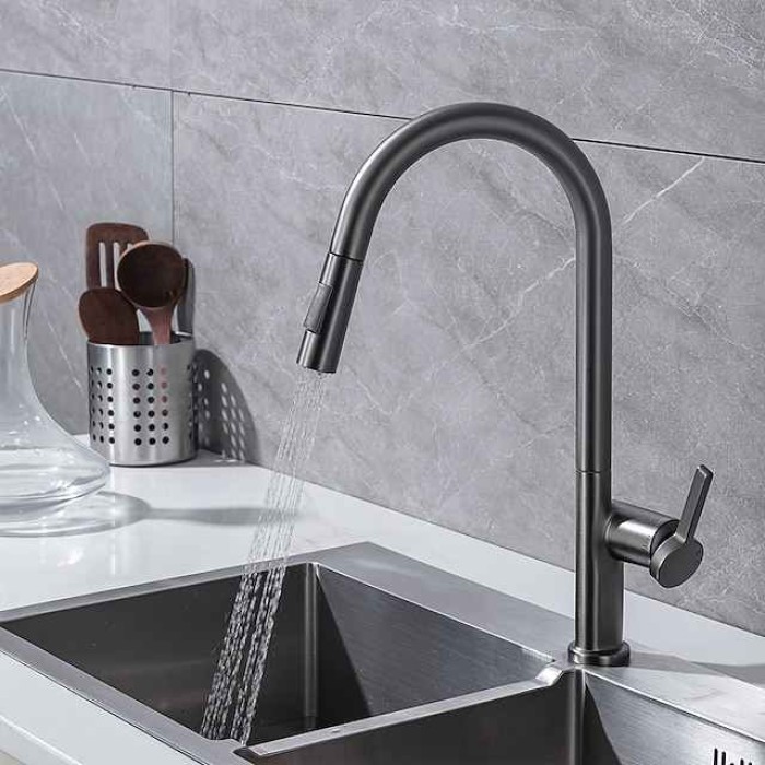 Kitchen Faucet with Pull-out Spray,Single Handle One Hole Brass High Arc 2-modes 360°Rotatable Modern Contemporary Kitchen Taps