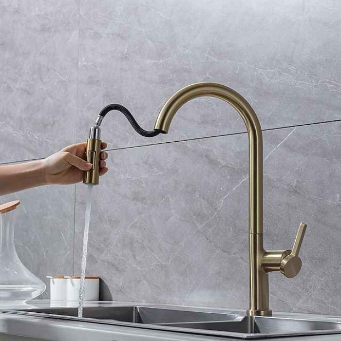 Kitchen Faucet with Pull-out Spray,Single Handle One Hole Brass High Arc 2-modes 360°Rotatable Modern Contemporary Kitchen Taps