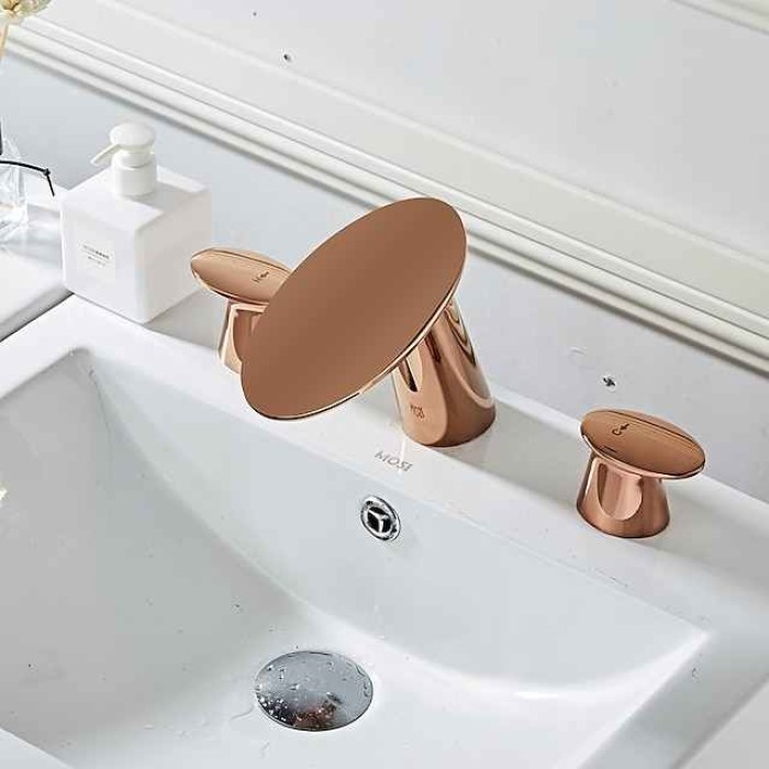 Widespread Bathroom Sink Faucet,Two Handle Three Holes Waterfall  Electroplated Bath Taps