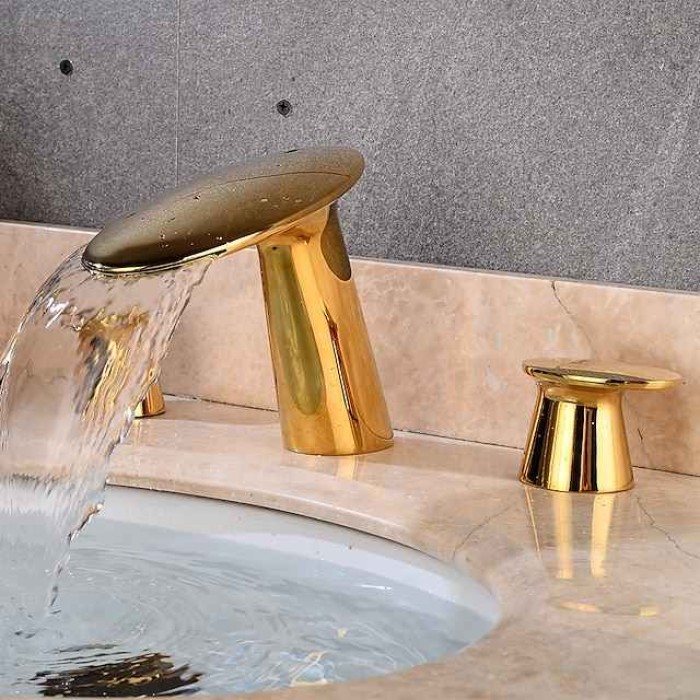 Widespread Bathroom Sink Faucet,Two Handle Three Holes Waterfall  Electroplated Bath Taps