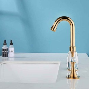 Gold Two Handle High Arc Widespread Bathroom Sink Faucet 3 Hole with Solid Brass Body Widespread Bathroom Faucet