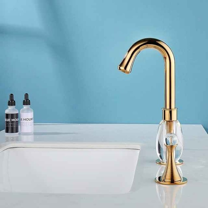 Gold Two Handle High Arc Widespread Bathroom Sink Faucet 3 Hole with Solid Brass Body Widespread Bathroom Faucet