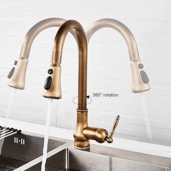 Kitchen Faucet with Sprayer,Antique Brass Pull-out 3-Function Outlet Mode Single Handle One Hole Sink Kitchen Taps with Soap Dispenser or Drain