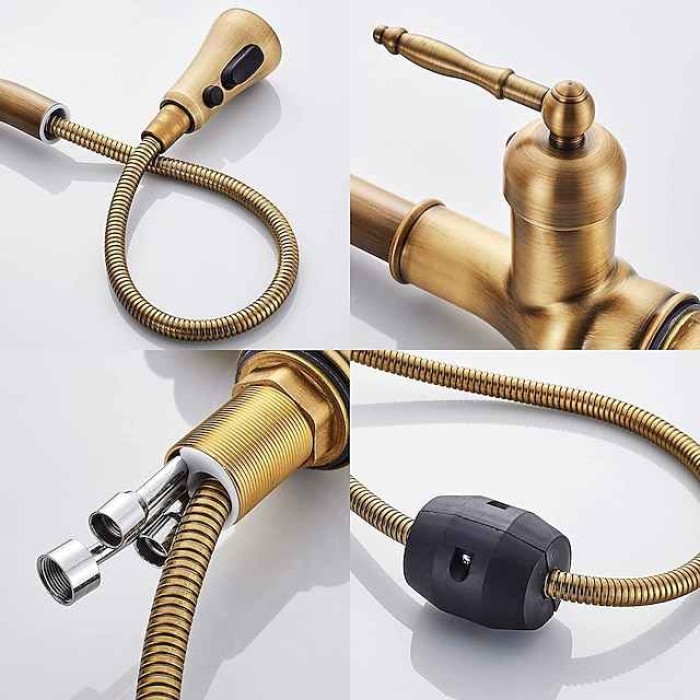 Kitchen Faucet with Sprayer,Antique Brass Pull-out 3-Function Outlet Mode Single Handle One Hole Sink Kitchen Taps with Soap Dispenser or Drain