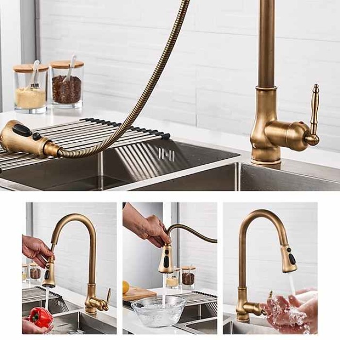 Kitchen Faucet with Sprayer,Antique Brass Pull-out 3-Function Outlet Mode Single Handle One Hole Sink Kitchen Taps with Soap Dispenser or Drain