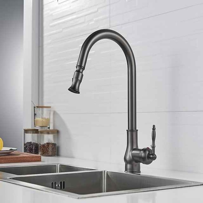 Kitchen Sink Mixer Faucet with Pull Out Sprayer Grey, 360 Swivel Single Handle Spring Kitchen Taps Deck Mounted, One Hole Brass Kitchen Sink Faucet Water Vessel Taps