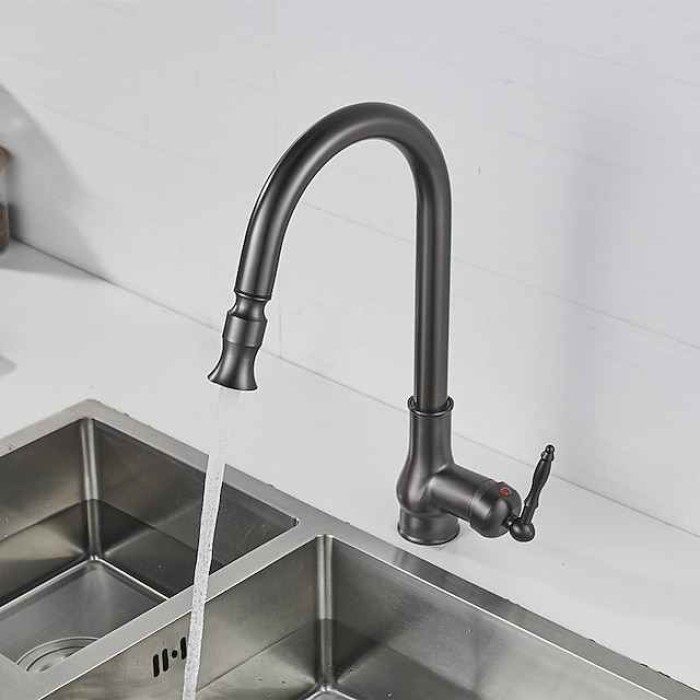 Kitchen Sink Mixer Faucet with Pull Out Sprayer Grey, 360 Swivel Single Handle Spring Kitchen Taps Deck Mounted, One Hole Brass Kitchen Sink Faucet Water Vessel Taps