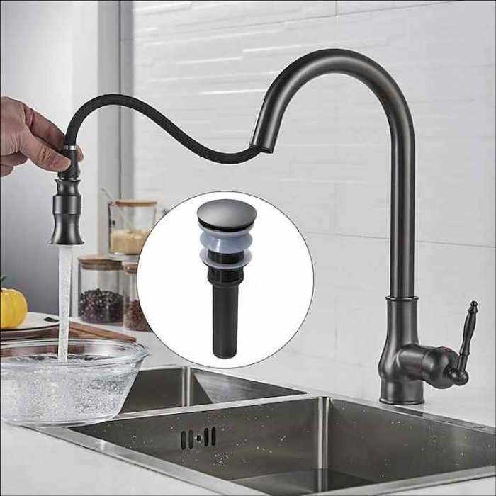 Kitchen Sink Mixer Faucet with Pull Out Sprayer Grey, 360 Swivel Single Handle Spring Kitchen Taps Deck Mounted, One Hole Brass Kitchen Sink Faucet Water Vessel Taps