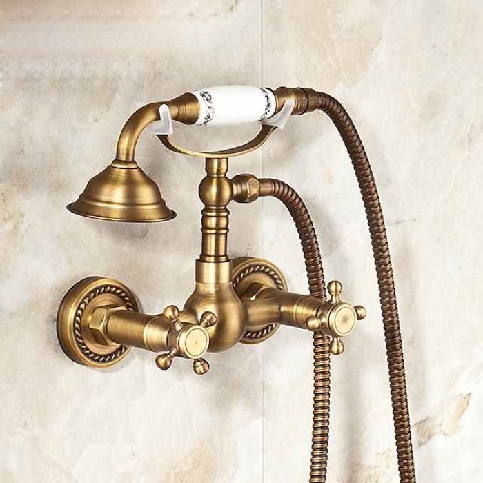 Shower Faucet / Body Jet Massage Set - Handshower Included pullout Rainfall Shower Antique / Vintage Style Antique Brass Mount Inside Brass Valve Bath Shower Mixer Taps