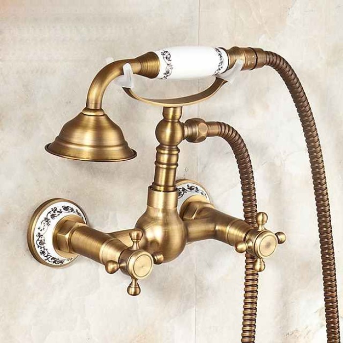 Shower Faucet / Body Jet Massage Set - Handshower Included pullout Rainfall Shower Antique / Vintage Style Antique Brass Mount Inside Brass Valve Bath Shower Mixer Taps